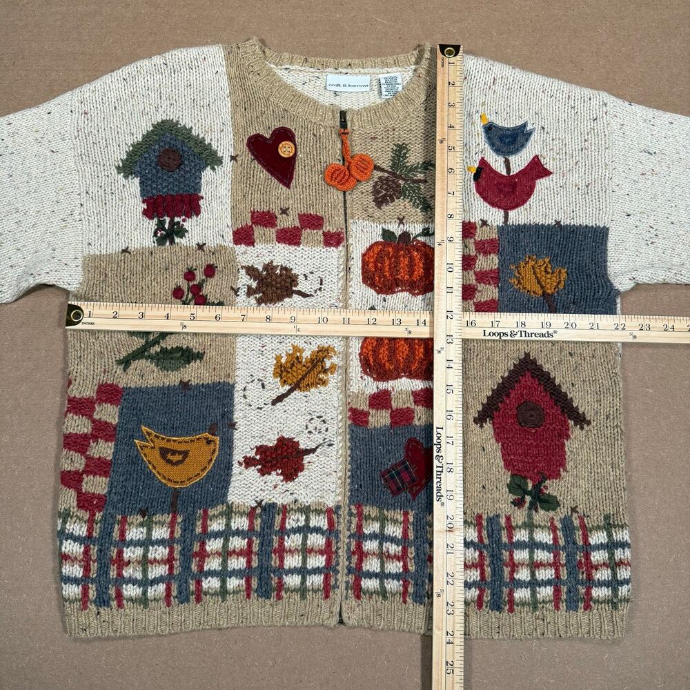 Vintage Autumn Harvest Patchwork Knit Zip Sweater Pumpkin Bird Cottagecore - Picture 7 of 8